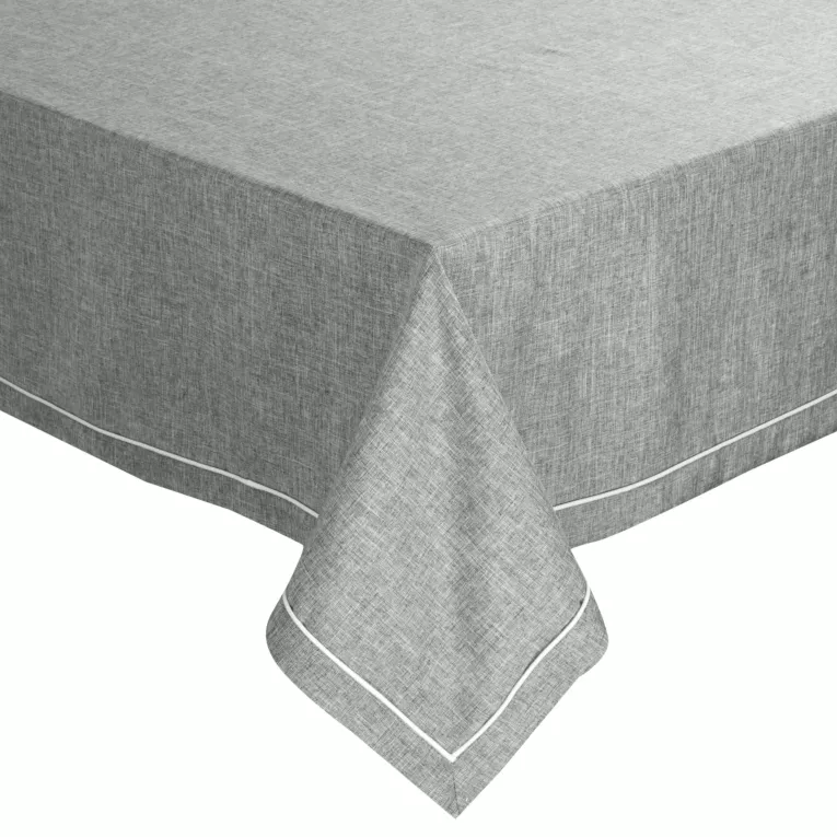 Obrus popielato, biały 140x180 cm MEGI zdobiony lamówką