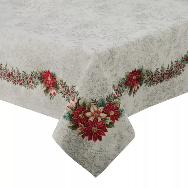 Obrus naturalno, czerwony 140x180 cm gobelinowy z motywem świątecznym