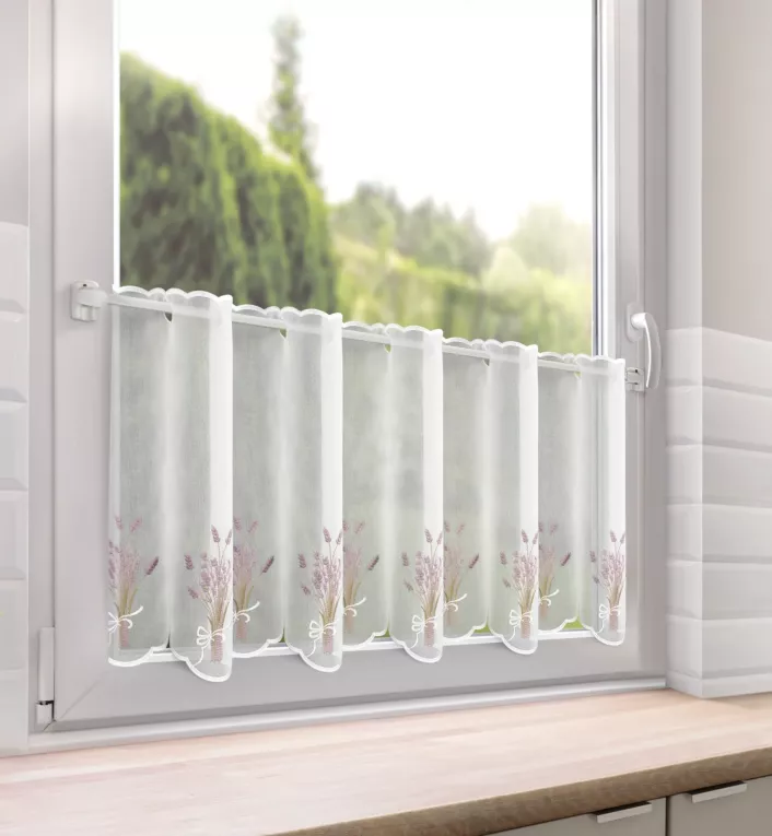 Tkanina firanowa zazdrostka z etaminy zdobiona haftem lawendy Eurofirany