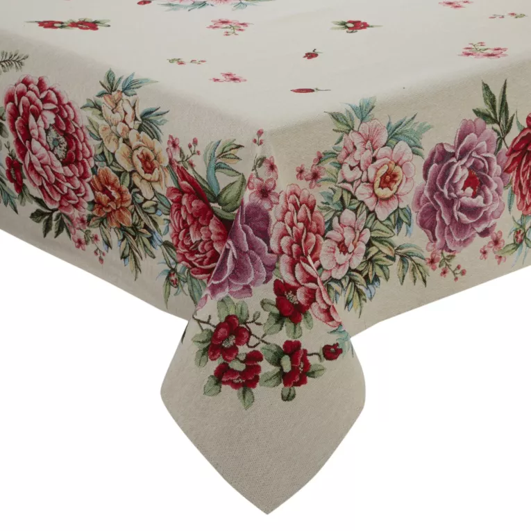 Obrus naturalno, różowy 140x180 cm gobelinowy zdobiony motywem kwiatów