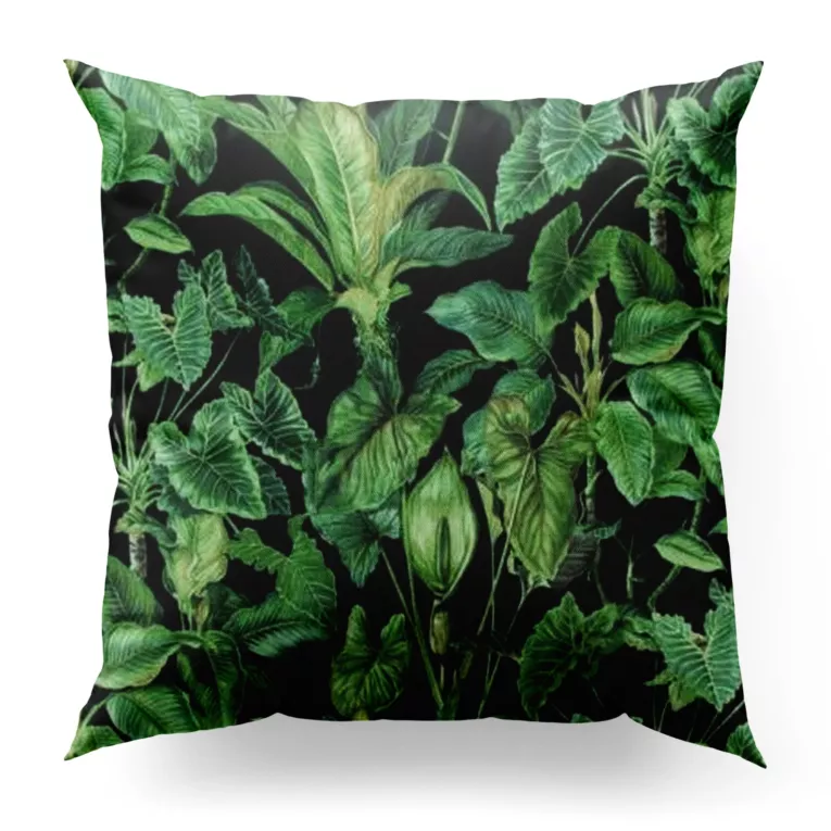 Poszewka szyta czarno zielona z miękkiej, welwetowej tkaniny, z nadrukowanym motywem botanicznym