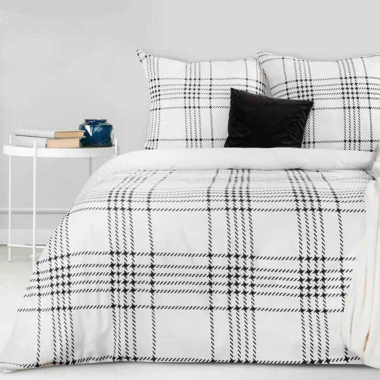 Pościel 220x200 bawełniana kolor biały, czarny w elegancką kratę NIKA 20 Eurofirany
