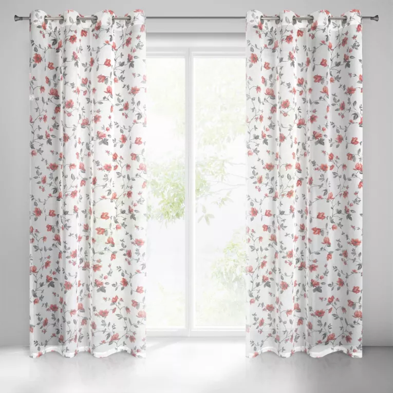 Dekoracja okienna biało, ceglasta z kwiatowym nadrukiem z lekkiej półtransparetnej etaminy 140x250 cm przelotka JENNY Eurofirany