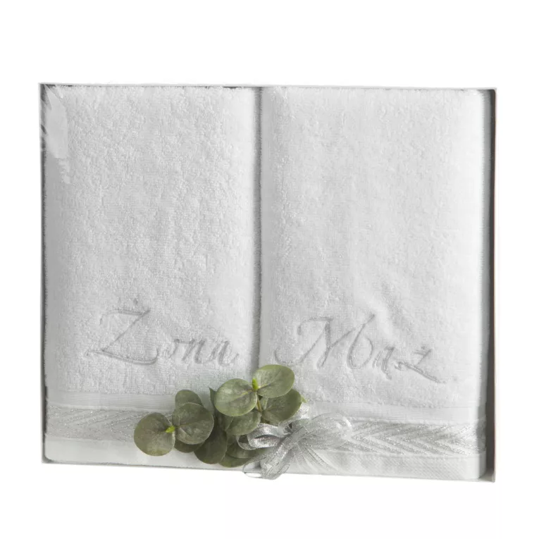 Zestaw ręczników bawełnianych na prezent 2 szt 50x90 cm kolor biały z haftem ŻONA MĄŻ Eurofirany