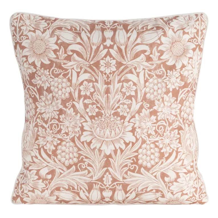 Poszewka na poduszkę 50x50 cm bawełniana z dodatkiem lnu zdobiona nadrukiem roślinnym ciemnobeżowo, kremowa LEN Eurofirany