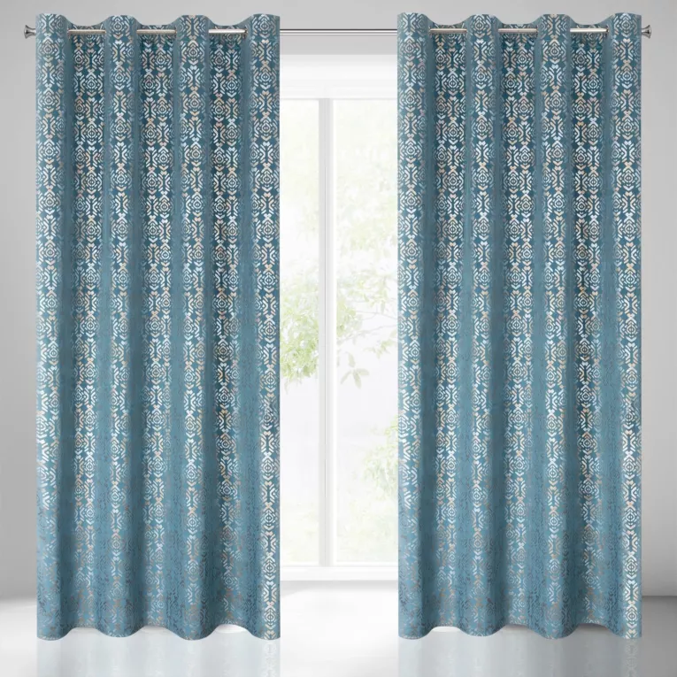 Zasłona niebiesko, złota ze złotym wzorem z welwetu 140x250 cm przelotka LAURA Eurofirany