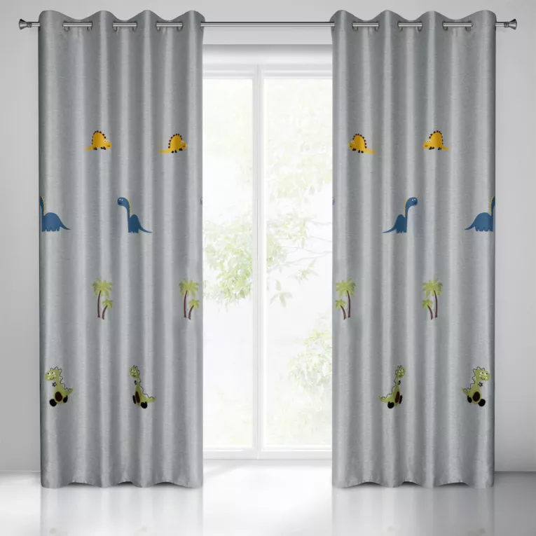 Zasłona srebrno, zielona w dinozaury do pokoju dziecięcego140x250 cm przelotka DINO Eurofirany