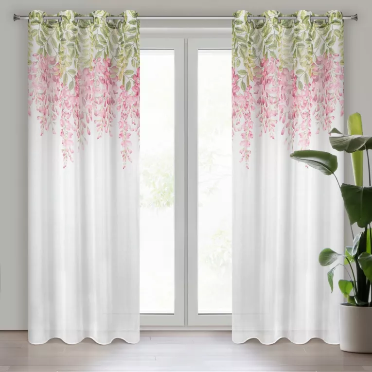 Dekoracja okienna biało, różowa z matowej etaminy z kwiatowym motywem 140x250 cm przelotki JULIETA Eurofirany