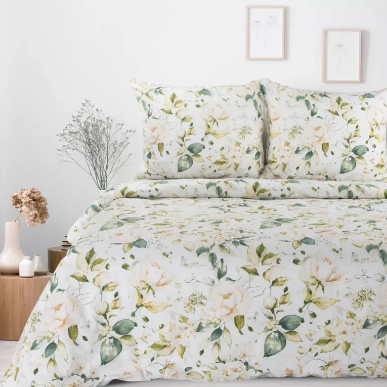 Pościel 160x200 cm bawełniana kolor biały, zielony w kwiaty SONIA 35 Eurofirany