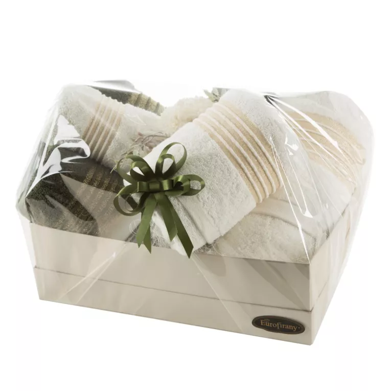 Zestaw ręczników bawełnianych na prezent 2 szt 30x50 cm, 2 szt 50x90 cm, 2 szt 70x140 cm kolor kremowy, oliwkowy Eurofirany