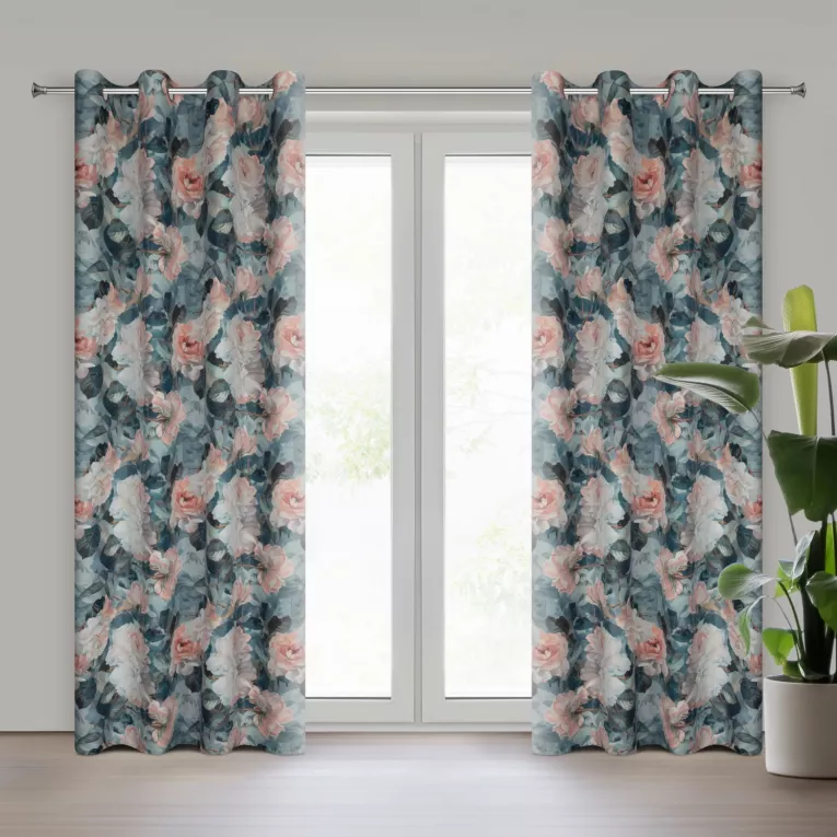 Zasłona turkusowo, różowa zdobiona nadrukiem kwiatów 140x250 cm przelotka - MIREI Eurofirany