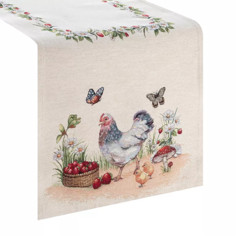 Bieżnik na stół naturalno, zielony 40x100 cm gobelinowy z motywem wiejskim Eurofirany