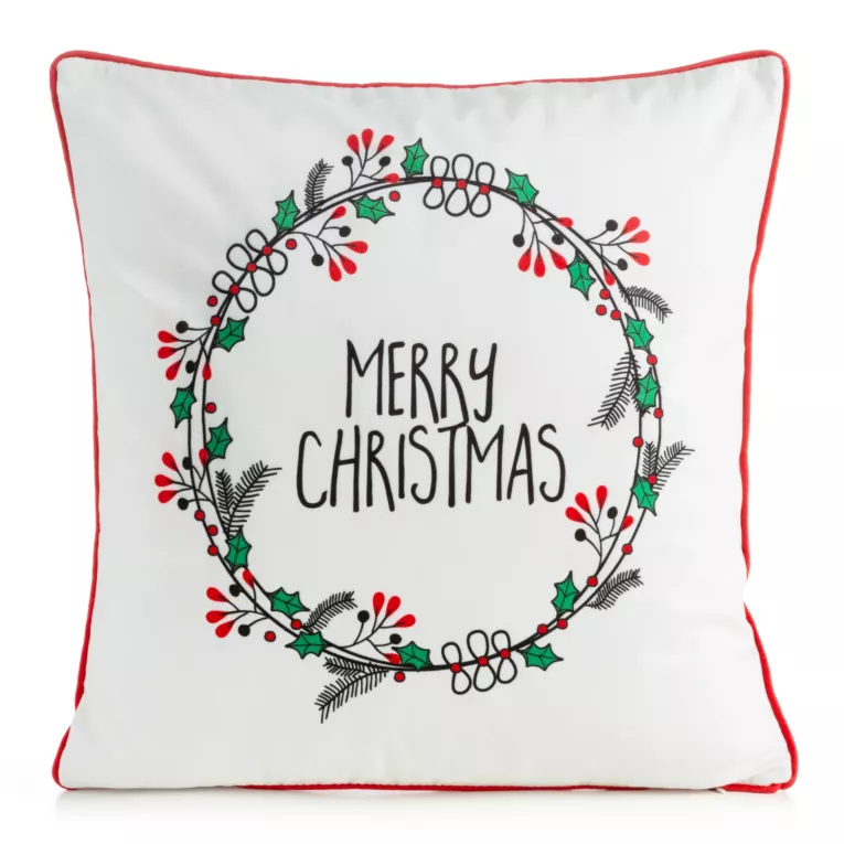 Poszewka na poduszkę 45x45 cm welwetowa świąteczna zdobiona nadrukiem ostrokrzewu kremowo, czerwona TORI Eurofirany