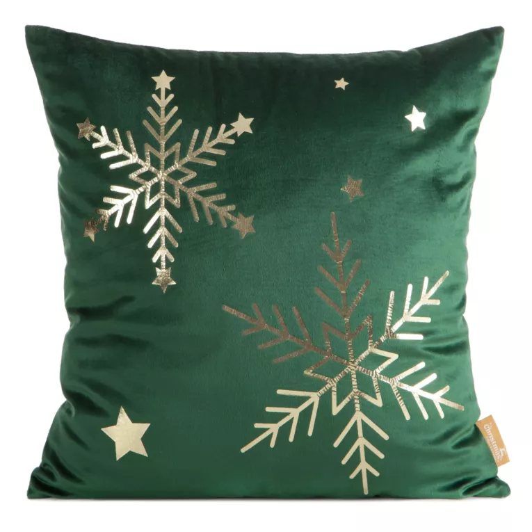 Poszewka na poduszkę świąteczna 45x45 cm welwetowa ciemnozielona zdobiona nadrukiem szampańskich śnieżynek Eurofirany