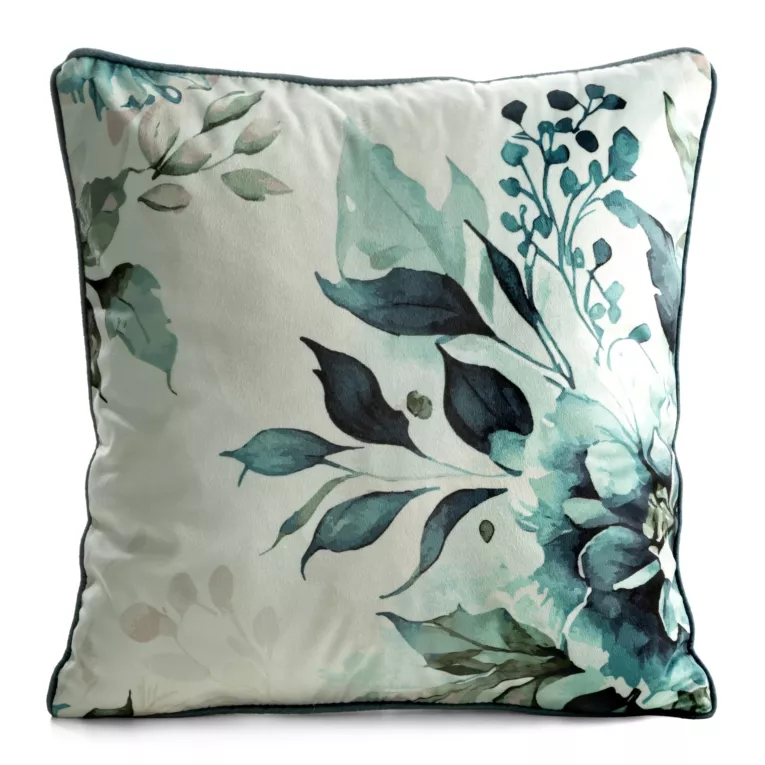 Poszewka na poduszkę 45x45 cm welwetowa beżowo, ciemnoturkusowa z roślinnym nadrukiem VELVET 205 Eurofirany