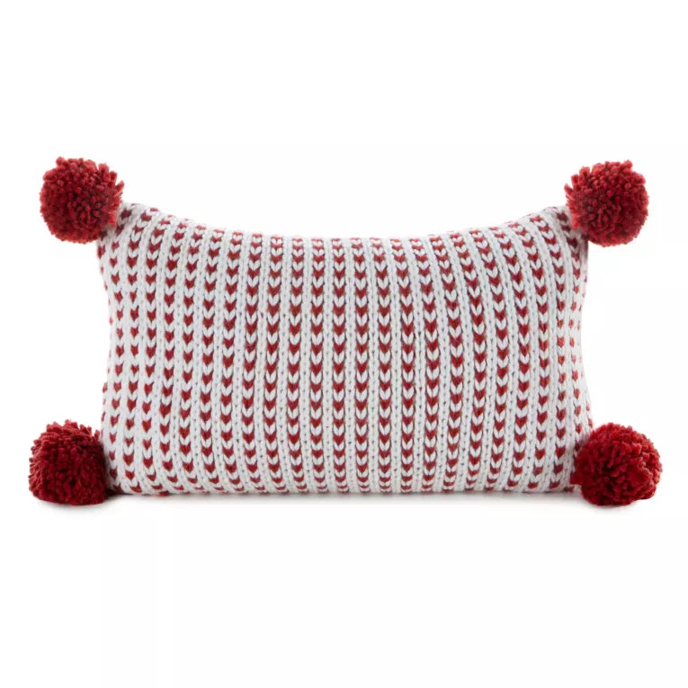 Poszewka na poduszkę 30x50 cm o plecionej strukturze z pomponami biało, czerwona Eurofirany