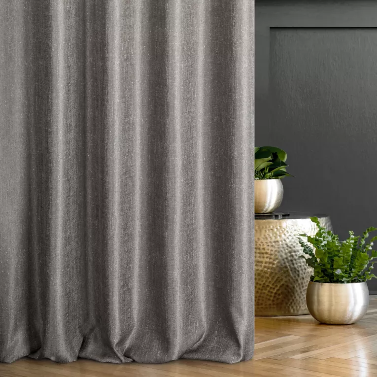 Zasłona szyta na taśmie 8 cm popielata z tkaniny melanżowej przetykanej błyszczącą nicią