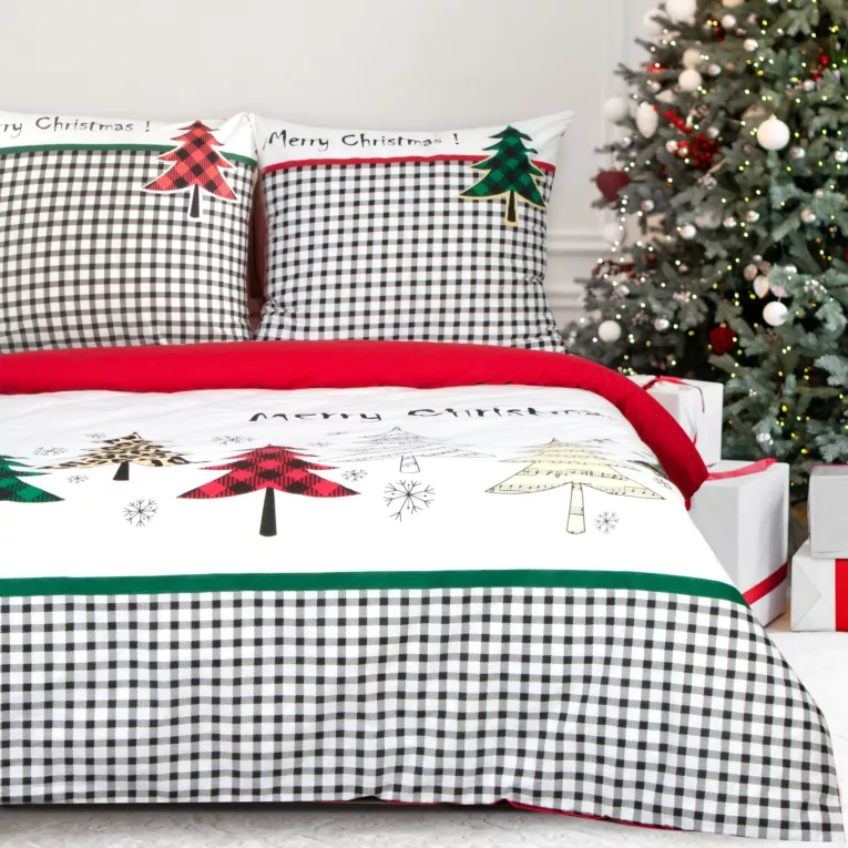 Pościel świąteczna 160x200 cm bawełniana kolor biały, czerwony w drobną krateczkę GERDA Eurofirany