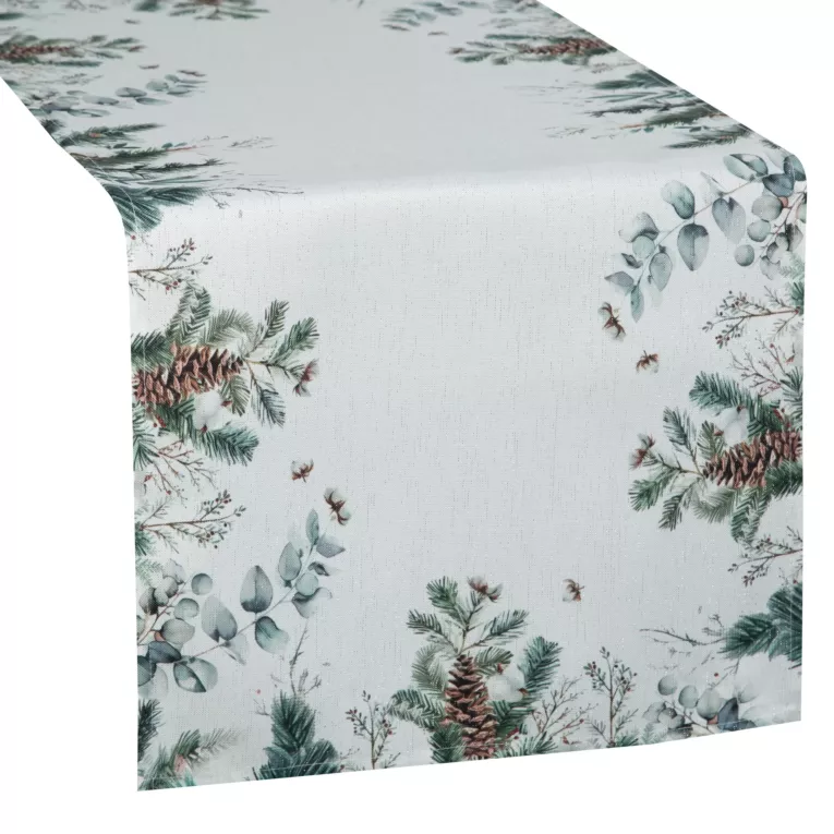 Bieżnik świąteczny na stół 40x140 cm biało, zielony zdobiony zimowym nadrukiem Eurofirany