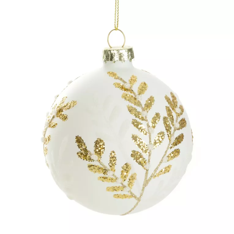 Biała szklana bombka choinkowa zdobiona złotymi gałązkami  i błyszczącymi drobnymi perełkami 8 cm Eurofirany