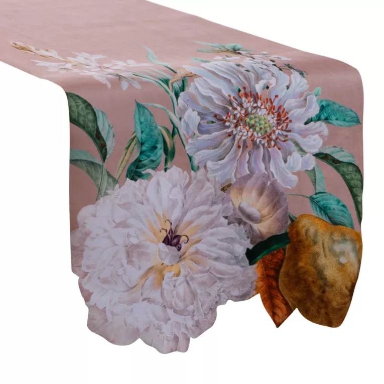 Bieżnik na stół ciemnobeżowy, zielony 40x140 cm SUMMER 5 z nadrukowanym motywem roślinno-zwierzęcym