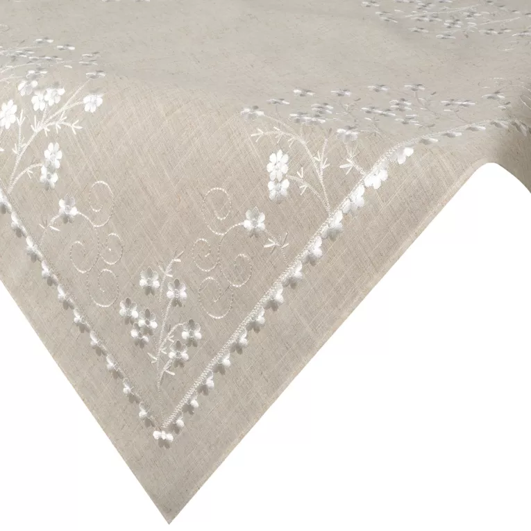 Obrus na stół beżowy 85x85 cm ADELINE z dodatkiem lnu zdobiony haftem Eurofirany