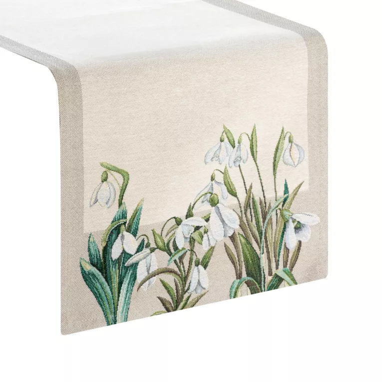 Bieżnik na stół naturalno, biały 40x100 cm gobelinowy z motywem przebiśniegów Eurofirany