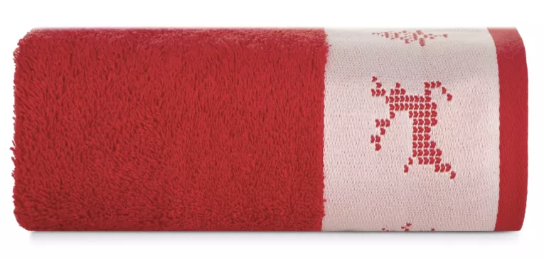 Ręcznik kąpielowy świąteczny 70x140 cm bawełniany kolor czerwony z żakardową bordiurą w stylu skandynawskim 480 g/m2 NOEL Eurofirany