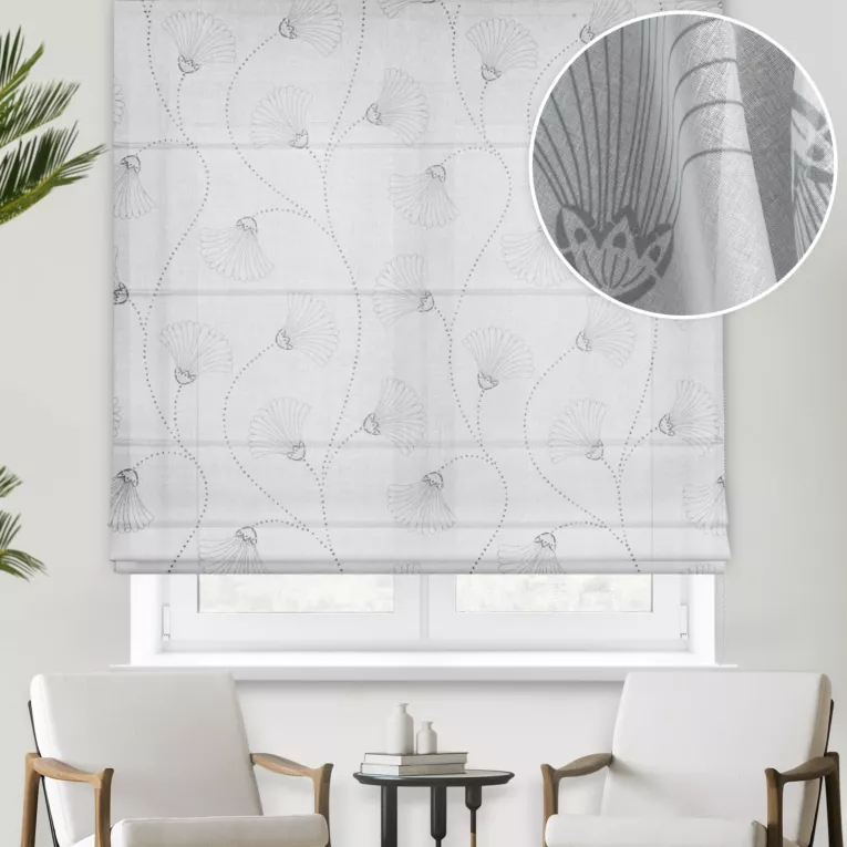 Roleta rzymska biało popielata z eleganckiej etaminy w drukowany, modny, botaniczny wzór