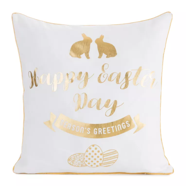 Poszewka na poduszkę 45x45 cm wielkanocna z ozdobną lamówką biało, złota WIOSNA 65 Eurofirany