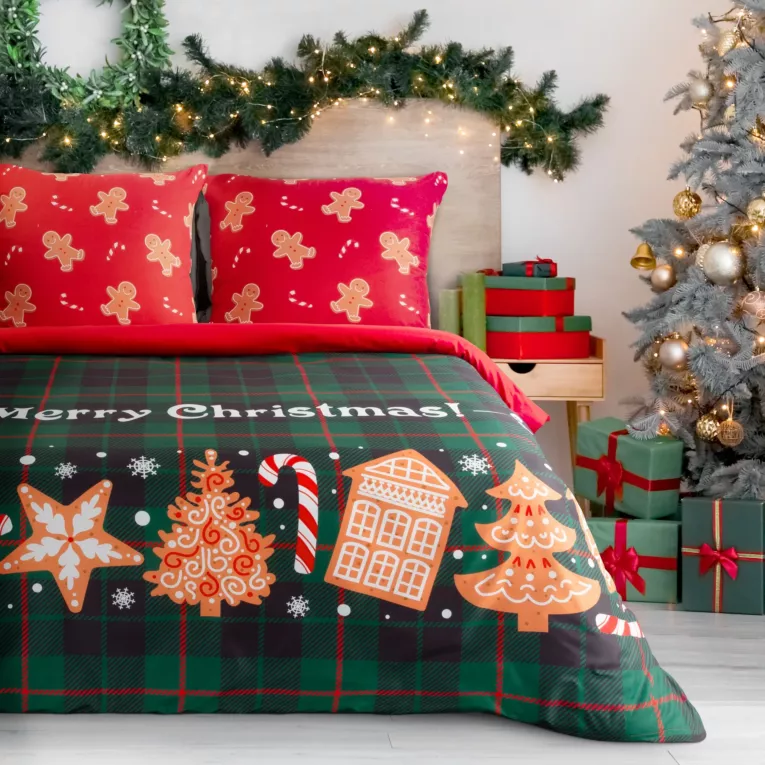Pościel świąteczna 140x200 cm z mikrowłókna kolor zielony, czerwony z motywem kraty i pierników FESTA Eurofirany