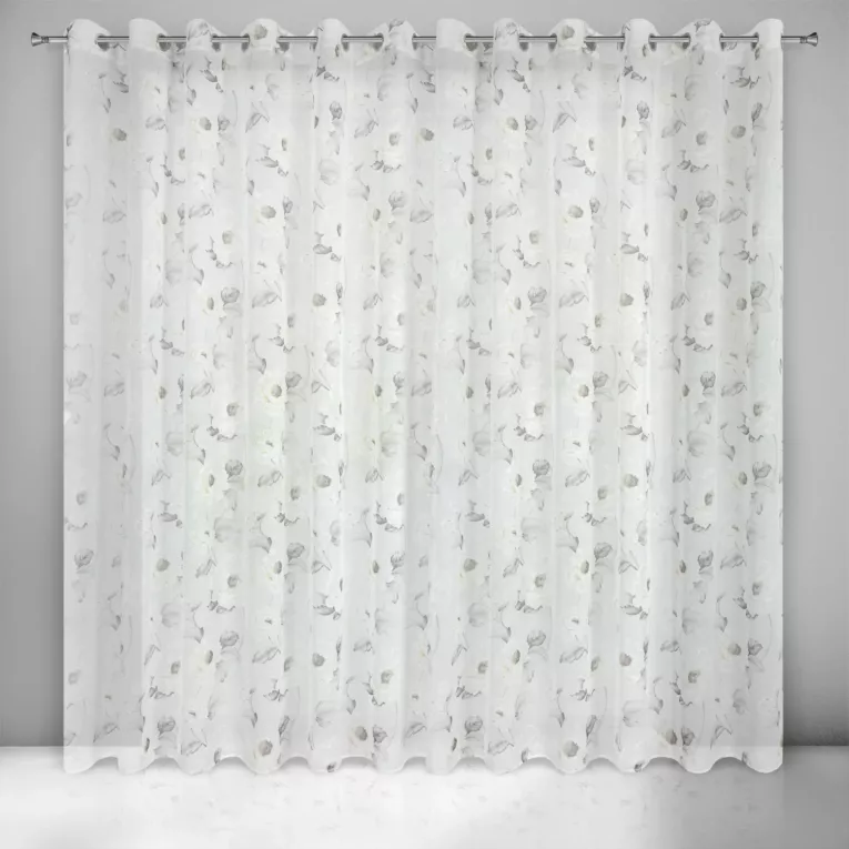 Firana biało, oliwkowa z matowej etaminy z kwiatowym motywem 350x250 cm przelotka BESSY Eurofirany