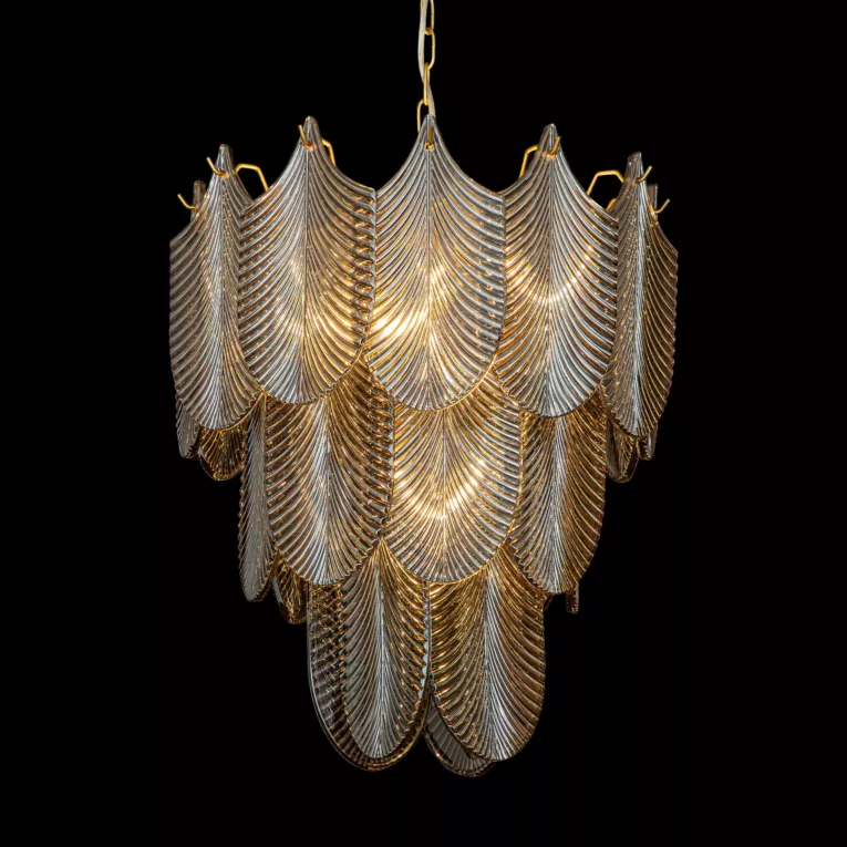 Lampa wisząca do salonu grafitowo, złota MELI ze szklanymi zawieszkami w formie liści z dymionego szkła Eurofirany