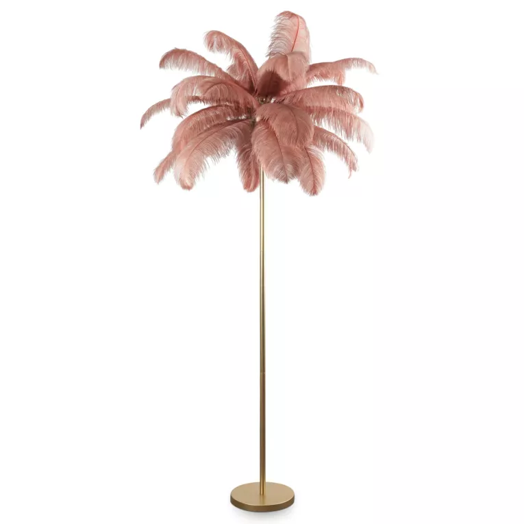 Lampa stojąca do salonu pudrowo, szampańska FERI na metalowej podstawie z efektownym abażurem z naturalnych strusich piór Eurofirany