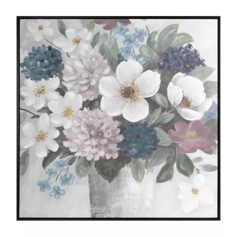 Obraz kremowo, zielony ręcznie malowane kwiaty na płótnie z błyszczącymi akcentami 80x80 cm Eurofirany