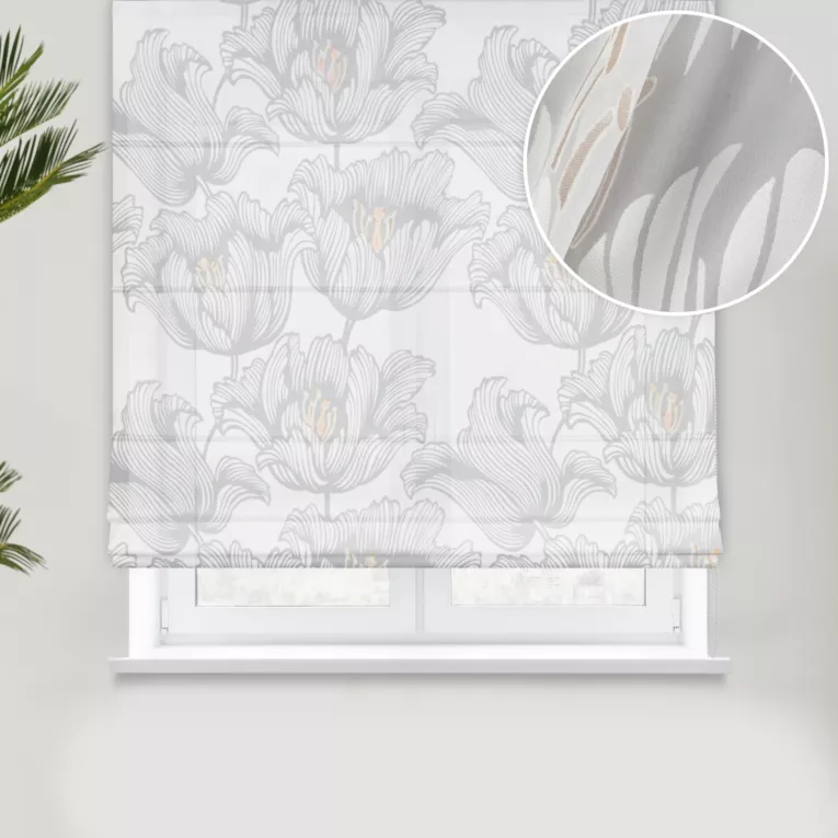 Roleta rzymska naturalna burnout z miękkiej tkaniny wiskozowej w kwiatowy wzór, wykończona obciążnikiem