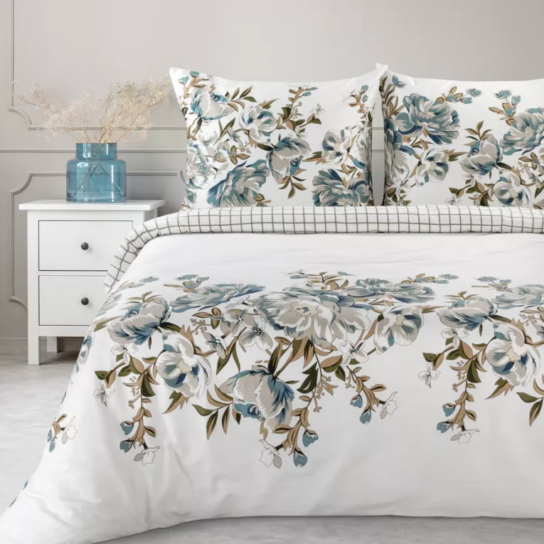 Pościel 140x200 cm bawełniana kolor biały, stalowy dwustronny wzór SPRING 40 Eurofirany