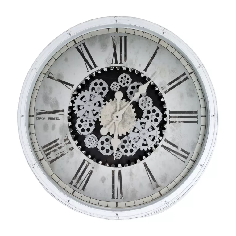 Okrągły zegar ścienny w metalowej ramie z ruchomymi kołami zębatymi Eurofirany