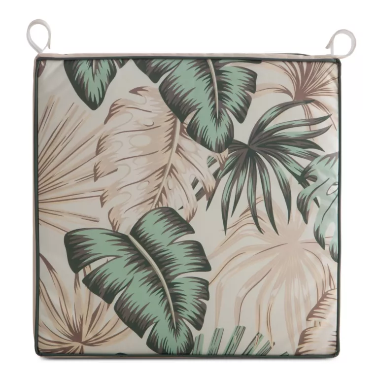 Poduszka na krzesło 42 x 42 x 4 cm wodoodporna kremowo, zielona zdobione motywem egzotycznych liści GARDEN Eurofirany