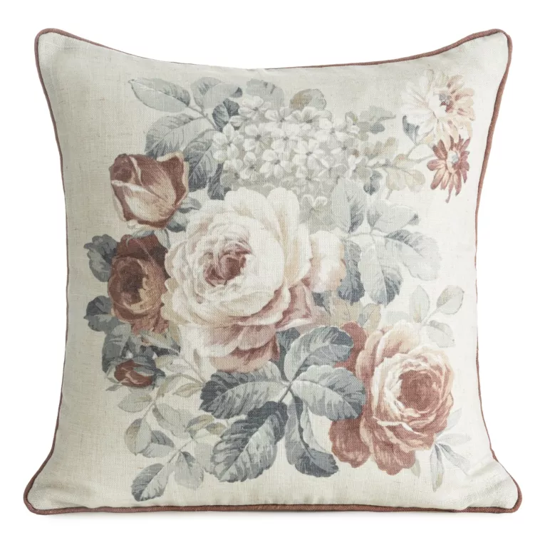 Poszewka na poduszkę 45x45 cm z dodatkiem lnu zdobiona nadrukiem kwiatów naturalno, ruda GABI Eurofirany