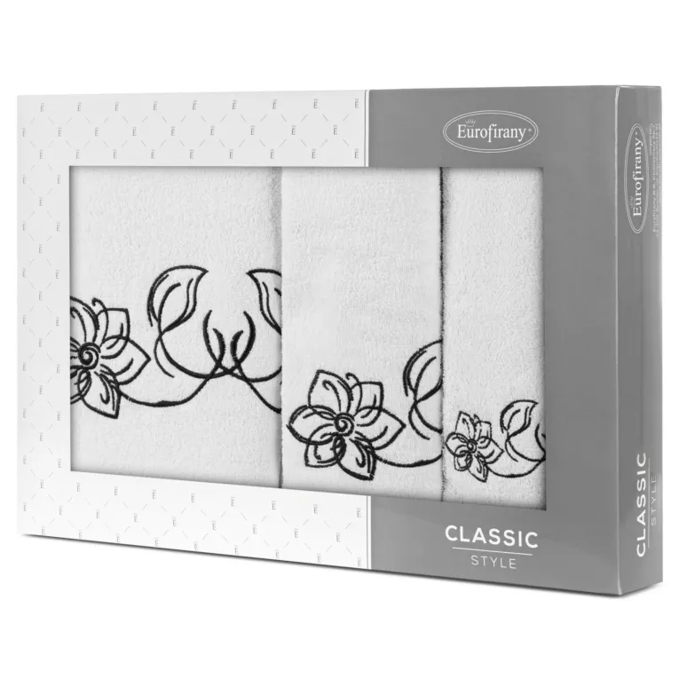 Zestaw ręczników bawełnianych 3 szt kolor biały, czarny z haftem subtelnych kwiatów 400 g/m2 LILA Eurofirany