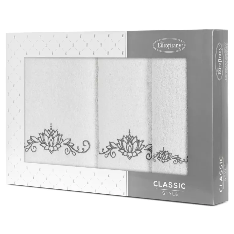 Zestaw ręczników bawełnianych 3 szt kolor biały,grafitowy z haftowanym wzorem lili wodnej 380 g/m2 LILIANA Eurofirany