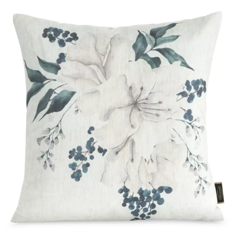 Poszewka na poduszkę 45x45 cm o strukturze lnu nadrukiem subtelnych kwiatów beżowo, zielona LEN Eurofirany