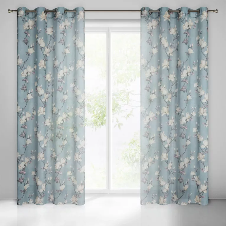 Dekoracja okienna błękitno, kremowa z etaminy z motywem magnolii, półprzeźroczysta 140x250 cm przelotka LUNA Eurofirany