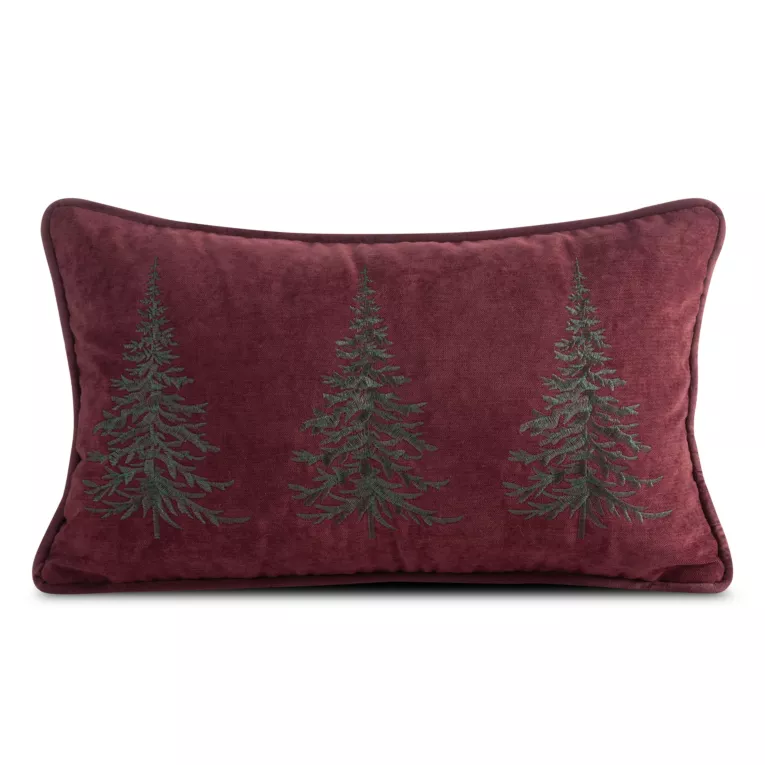 Poszewka na poduszkę świąteczna 30x50 cm welwetowa bordowo, zielona z szenilu zdobiona haftem choinek  Eurofirany