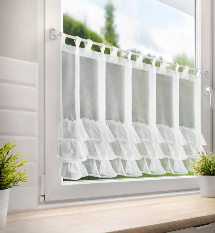 Zazdrostka biała z etaminy zdobiona subtelnymi falbanami 150x70 cm szelki LILIAN  Eurofirany