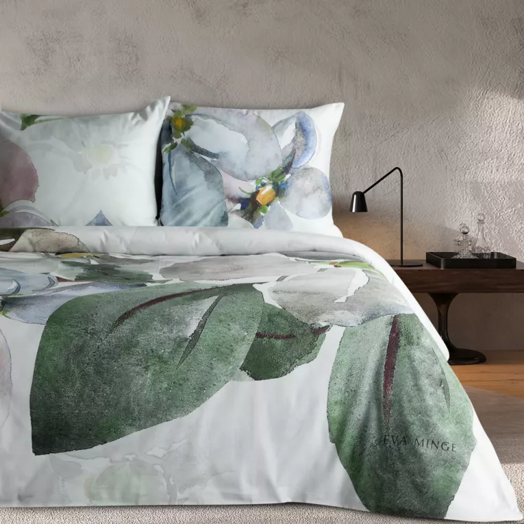 Pościel 160x200 cm z makosatyny bawełnianej kolor biały, zielony z subtelnym nadrukiem kwiatów ALICE Eva Minge Eurofirany