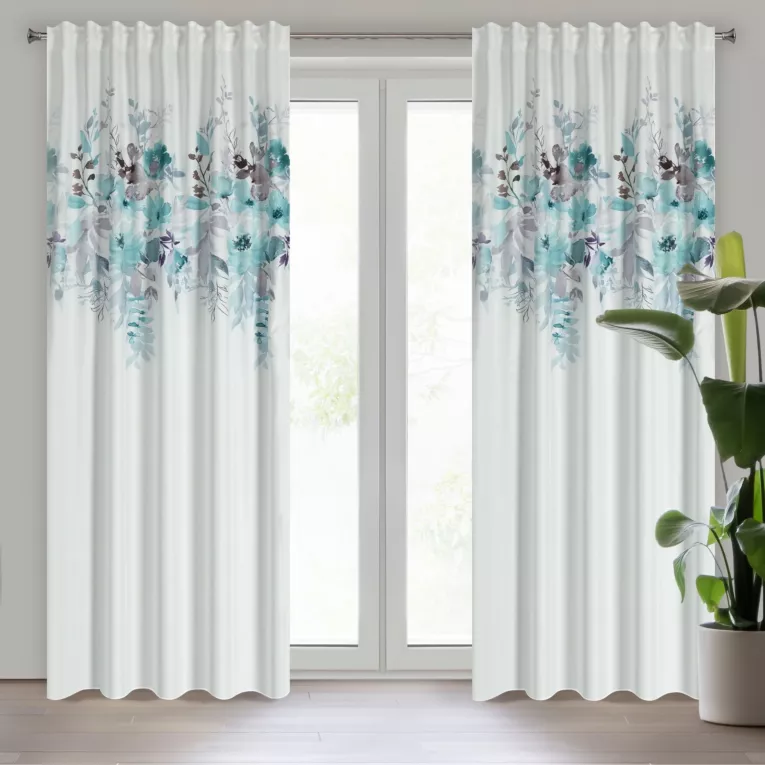 Zasłona biało, niebieska z motywem roślinnym 140x270 cm taśma/flex SENDI Eurofirany