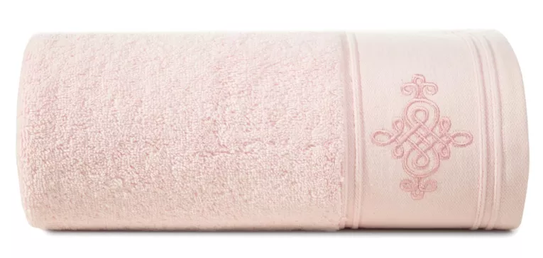 Ręcznik kąpielowy 70x140 cm bawełniany kolor różowy z haftowanym ornamentem na bordiurze 600 g/m2 KLAS 2 Eurofirany