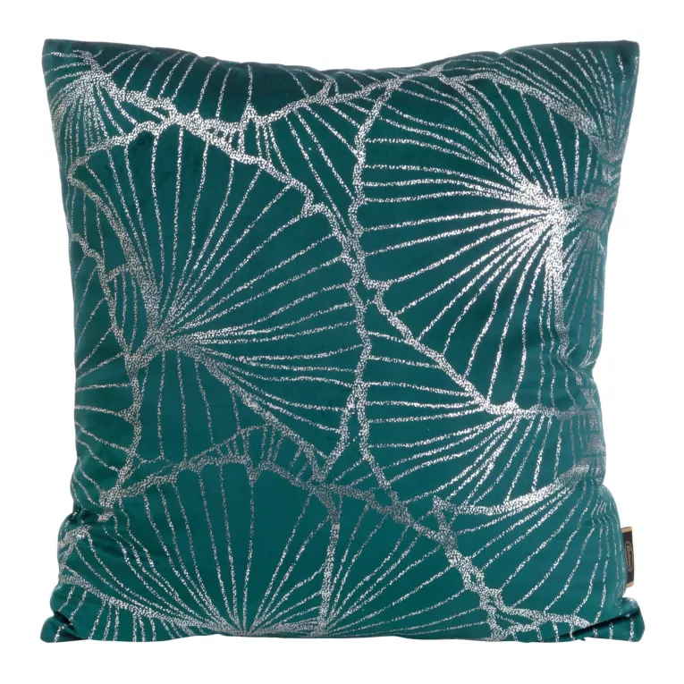 Poszewka na poduszkę 45x45 cm welwetowa z nadrukiem srebrnych liści miłorzębu ciemnoturkusowa BLINK 39 Eurofirany